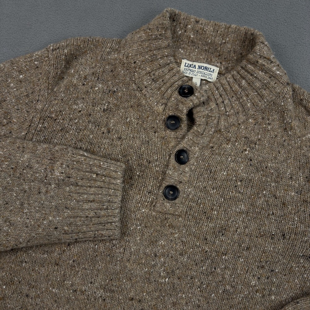 Luca Nobili Wool Sweater Mens L Brown Speckled Henley Made Italy Knit Pullover